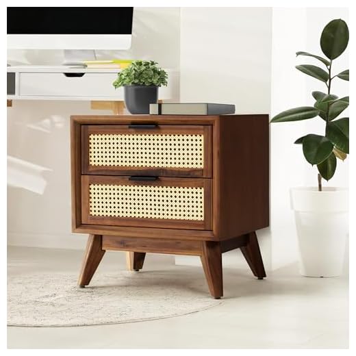 Bme Jasper Deluxe Solid Wood Rattan Nightstand Fully Assembled-Mid Century Modern Side Table with 2 Drawers-Multipurpose use for Living Room, Bedroom-Dark Chocolate