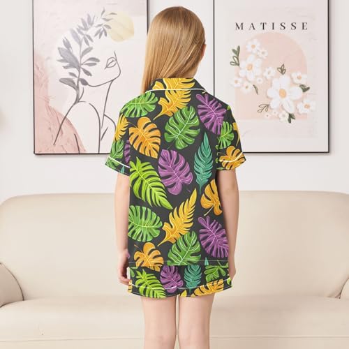 ALAZA Tropical Colorful Palm Leaves Pajamas Satin Pajama Set Short Sleeve Button Down Sleepwear4