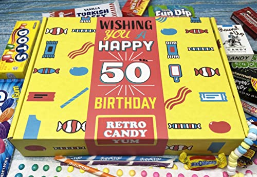 RETRO CANDY YUM 50th Birthday Gift Basket Box - Milestone Birthday Gift Ideas for Women and Men Turning 50 - Childhood Candy 50th Birthday Gifts for Dad Mom