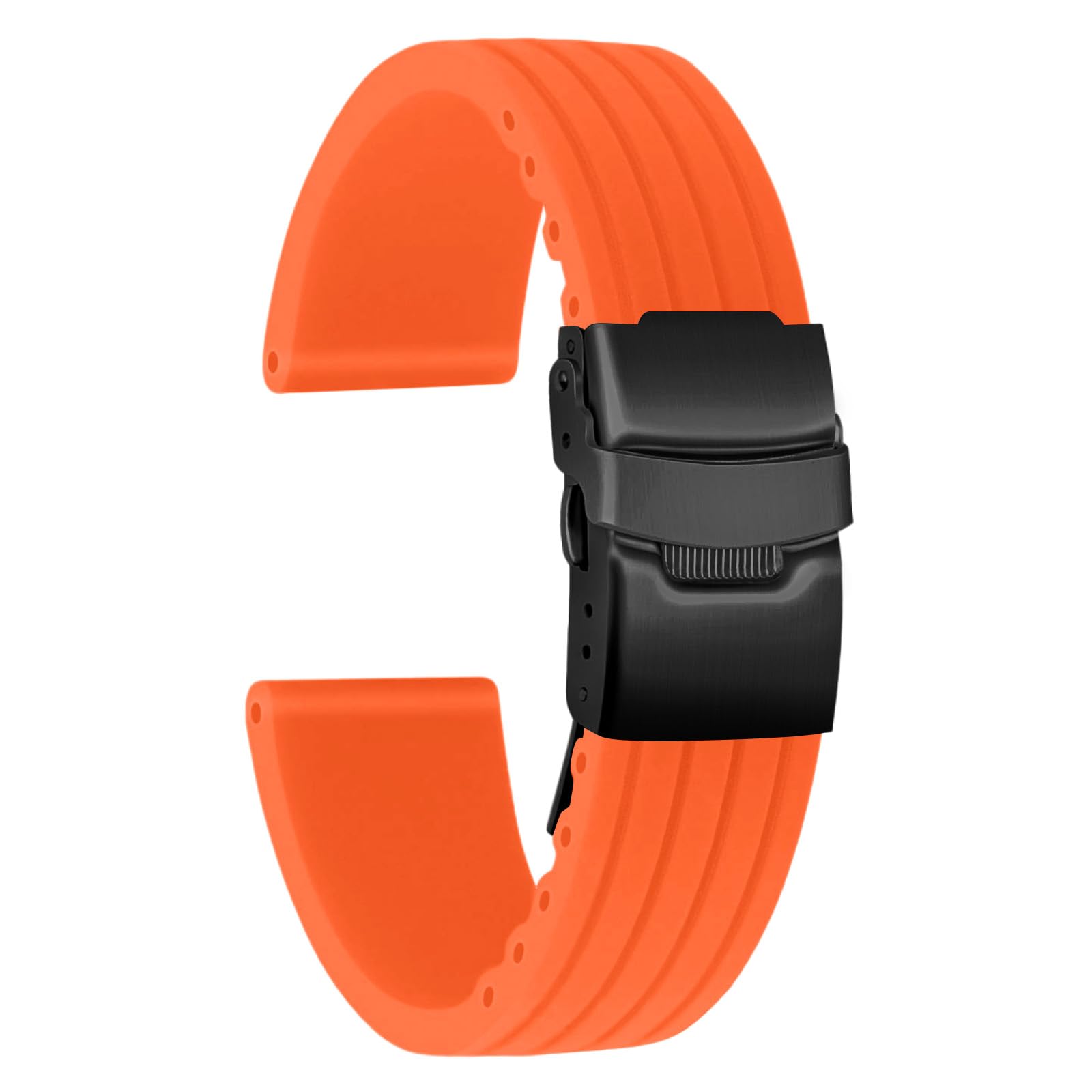 ULLCHRO Silicone Watch Strap Replacement Rubber Watch Band Waterproof Stripe Pattern - 14mm, 16mm, 18mm, 20mm, 22mm, 24mm Watch Bracelet with Stainless Steel Deployment Black Buckle
