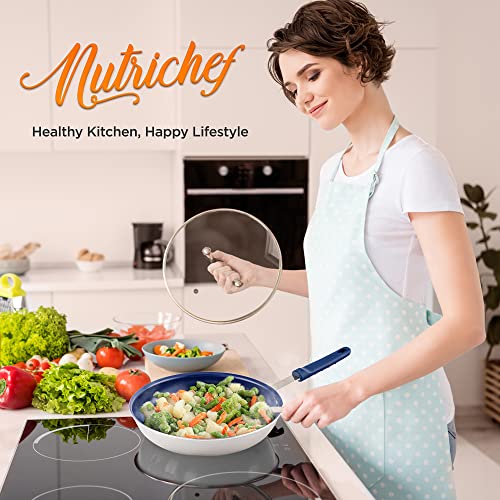 Nutrichef 8" Fry Pan With Lid - Small Skillet Nonstick Frying Pan With Lid, Silicone Handle, Ceramic Coating, Blue Silicone Handle, Stain-Resistant And Easy To Clean, Professional Home Cookware #TOP7