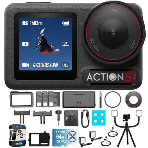 DJI Osmo Action 5 Pro Adventure Combo、Vlog三脚付き4Kビデオバンドル、64GBカード、シリコン保護ケース、LEDライト2個、クリップオンミニラペルマイク2個、YR CPS強化保護パック2個。