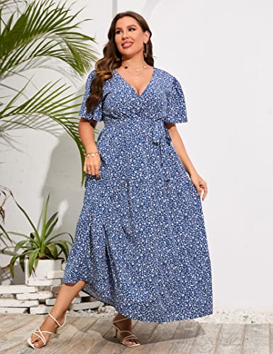 Image of ShopWonder Womens Plus Size V Neck Wrap Maxi Dress High Waist Ruffle Summer Casual Dress with Belt