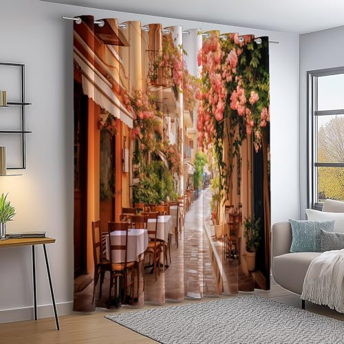 Cortina Opaca 117 An x 138 Al cm (2 Paneles) - Clásico Atenas Grecia Calles con Ojales Y Estampado Térmico para Dormitorio Sala De Estar Ventana Interior Dormitorio, Marrón Beige