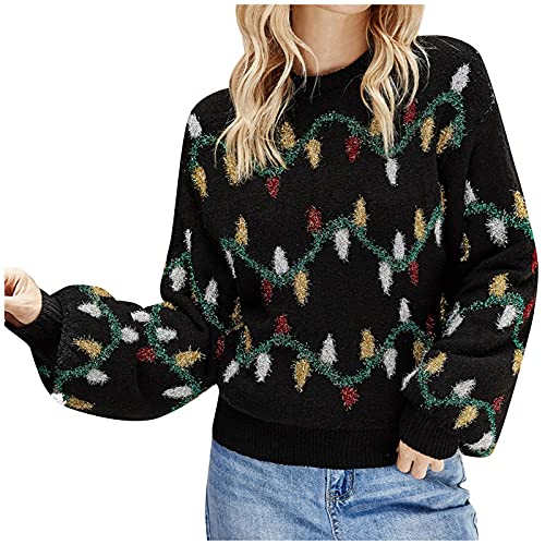 JOYISURE Weihnachtspullover Damen Lustig Plüschpullover Weihnachtsmann Stricken Pulli Rosa Rundhals Langarm Strickpullover Lässige Oversize Pullover Ugly Christmas Sweater(Schwarz,XL) Cover