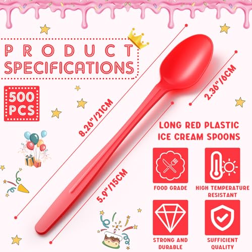 500 PC Red Extra Long Plastic Sundae Spoons for Ice Cream & Tall Drinks