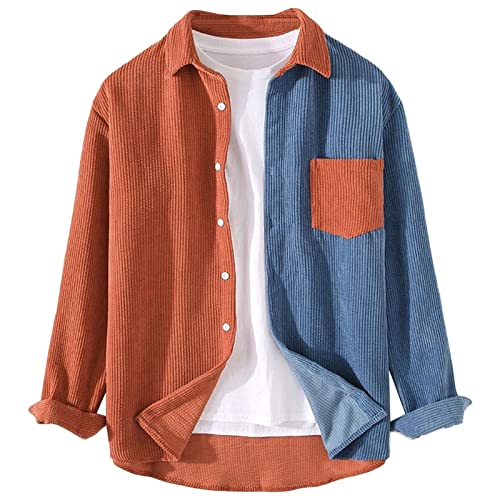 Maiyifu-GJ Men's Corduroy Patchwork Shirts Button Down Long Sleeve Casual Blouse Fall Casual Warm Slim Fit Vintage Tops (Orange,XX-Large)