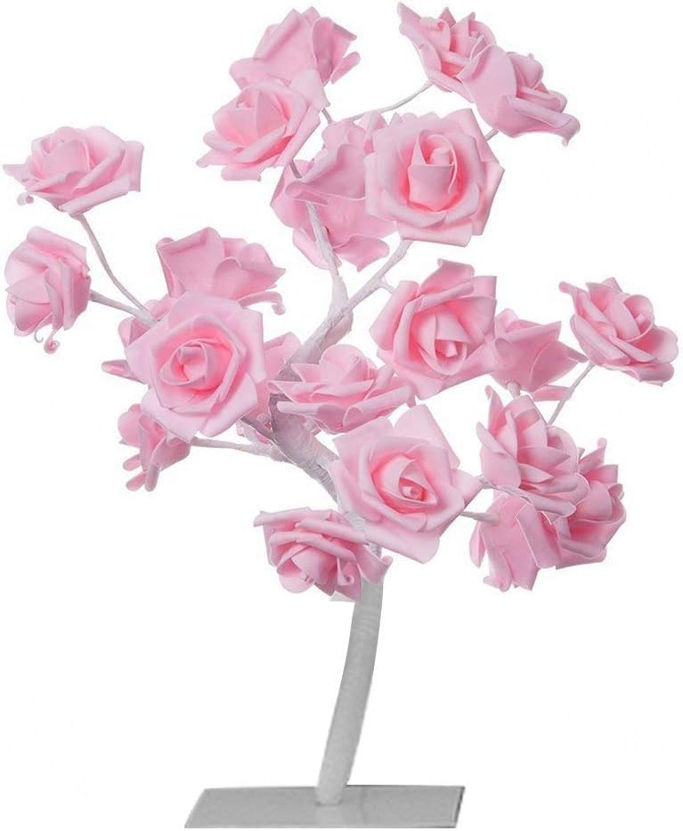 Furnizone Table Lamp Rose Tree Lamp with AC Adapter Flexible Pink Flower Desk Lamp Bedside Lamp Tree Light for Party Bedroom Living Room Wedding Holiday Home Indoor Decoration 24 Warm White LEDs