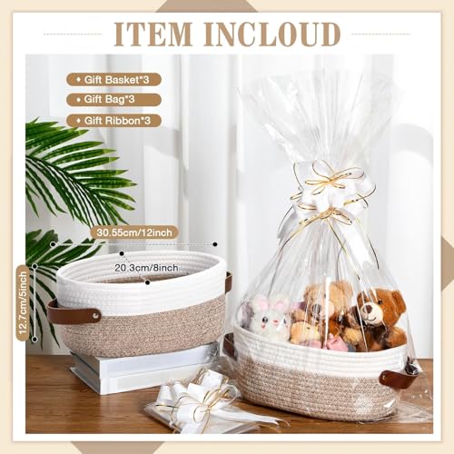 Image of Colingmill 3 Pack Easter Small Woven Basket for Gifts with Handles Clear Bags and Ribbons Empty Storage Basket Decorative Chest Box for Easter Wedding Present(White and Khaki,12 inchx 8 inchx 5 inch)