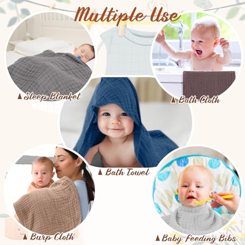 Image of VitalCozy 12 Pcs Baby Muslin Hooded Bath Towels and Washcloths, Muslin Hooded Baby Towels Absorbent Blankets for Gift Newborn Infant Shower (Neutral Colors)