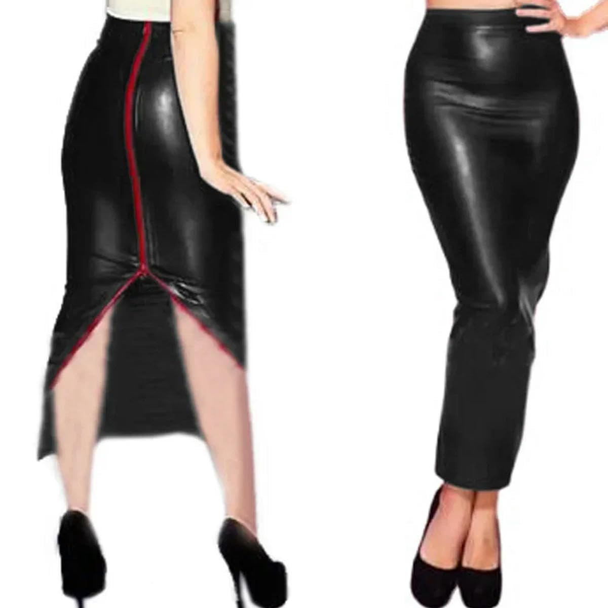 Falda larga de látex sintético para mujer, cintura alta, abertura en la espalda, para oficina, Negro, 8XL
