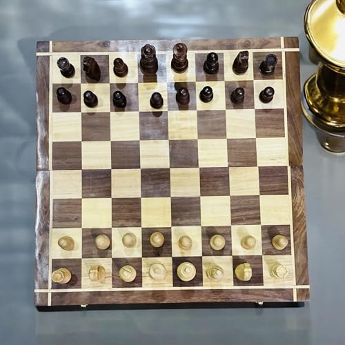 Image of Sheesham Wood | Wooden Non-Magnetic Foldable Chess Board with Coins | Multiple Size | Brown Colour | Square Shape | Storage Capacity. (KWK002)