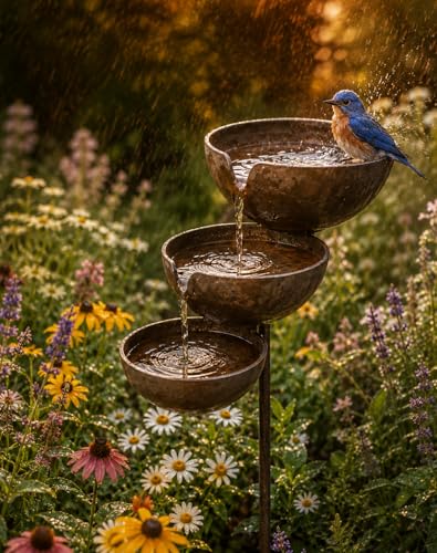 Rain Catcher Bird Bath & Multi-Tiered Water Feature Rustic Metal Garden Stake Safe Shallow Bee-Friendly Hydration Bowls Weather-Resistant Outdoor Bird Bath for Yards Lawns GardensCopper