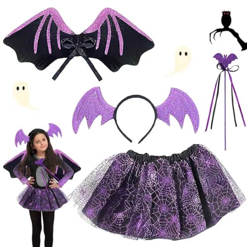 Costume Murciélago Niña, Disfraz de Murciélago Halloween para Niñas con Aro para el Pelo, Falda Tutú, Alas y Varita, para Halloween, Fiesta Cosplay