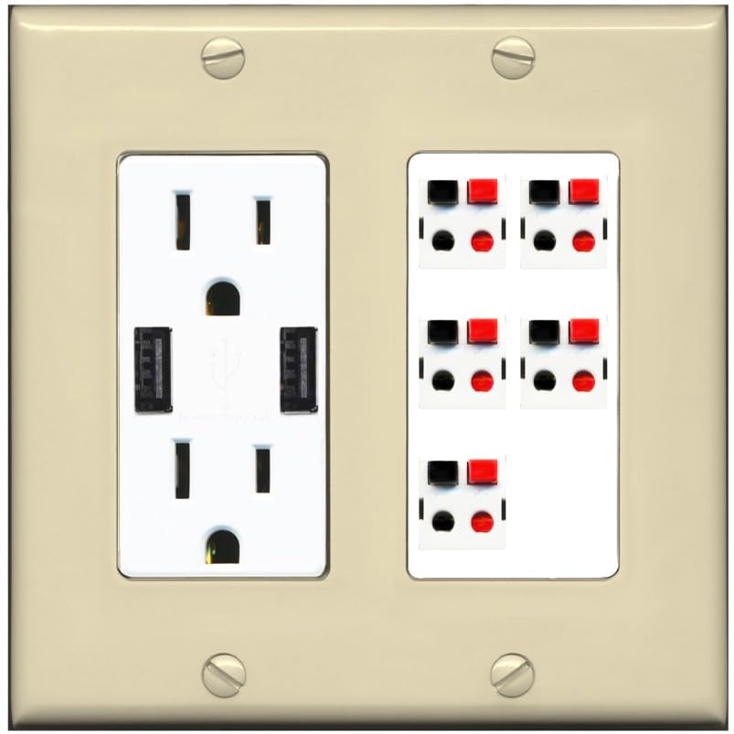 RiteAV 5 Port Speaker Wire Plug Jack Wall Plate - USB Outlet [Ivory/White]