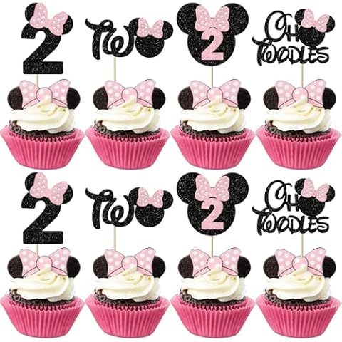Rsstarxi 24 Pack Mouse 2nd Birthday Cupcake Toppers, Pink Bow Mini Second Birthday Cake Decorations Mouse Two Oldes Cupcake Picks for Baby Shower Kids Birthday Party Decors Black Cover