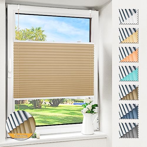 Magiea Plissee ohne Bohren verdunkelung, Thermo Plisseerollo Klemmfix, Beige 35x150cm(BxH), Verdunklungsplissee 100% lichtundurchlässig, Faltrollo für Fenster, Sichtschutz Sonnenschutz
