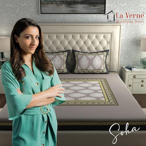 Image of La Verne 104 TC Cotton Double Bed Bedsheet Jaipuri Rajasthani Print Bedsheet with 2 Pillow Covers (Grey)