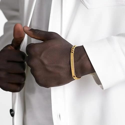 Miniatura 8 de Handmade Engraved Men's ID Bracelet in Gold Plated Sterling Silver - Personalized Custom Birthday Christmas Fathers Day Jewelry Gift for Him Dad