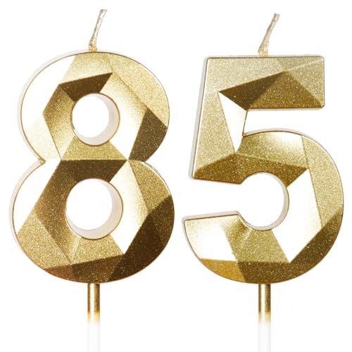 Bougies pour 85e anniversaire, bougie en forme de chiffre 85, bougies dorées, bougie d'anniversaire pour gâteau, bougies d'anniversaire, décorations de gâteau pour fête d'anniversaire, mariage