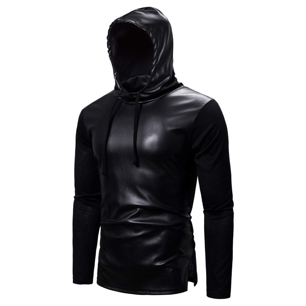 Men's long-sleeved leather T-shirt with hood and long sleeved leather drawstring, nightclub, tops, blouses, shirts, clubwear, black, casual, fashionable jackets - M - a-black