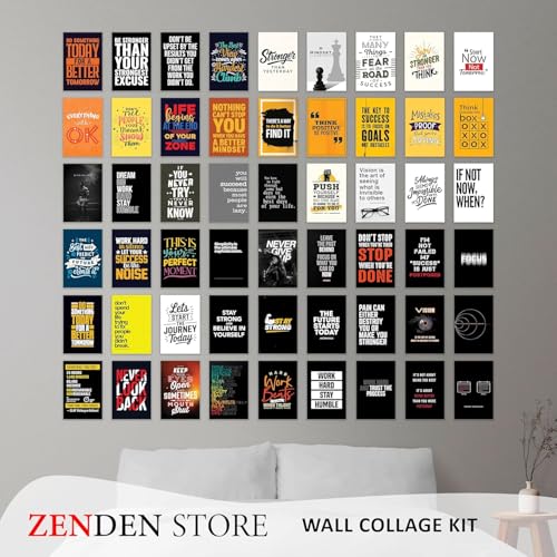 Image of ZENDEN STORE Pack of 54 Motivational Wall Collage Kit Posters - 4x6 Inch, 300 GSM Matte Cardstock with 300+ Glue Dots - Inspirational Decor for Bedroom, Study, Office
