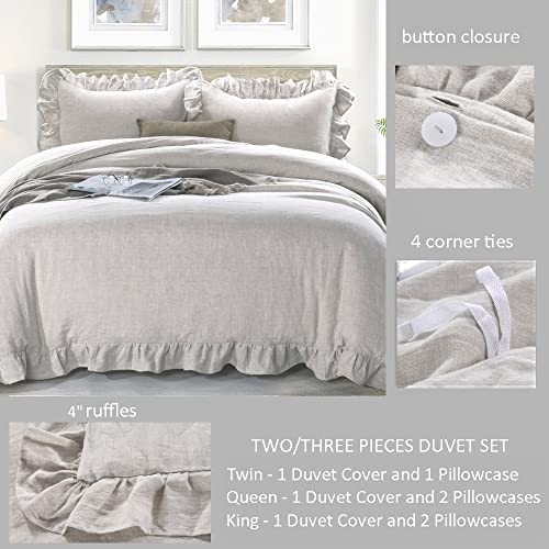 Meadow Park 100% Stone Washed Linen Duvet Cover Set 3 Pieces, King Size 104 Inches X 92 Inches, Shams 20 Inches X 36 Inches, Ruffled Style, Button Closure, Corner Ties, Super Soft, Solid Natural Color #TOP2
