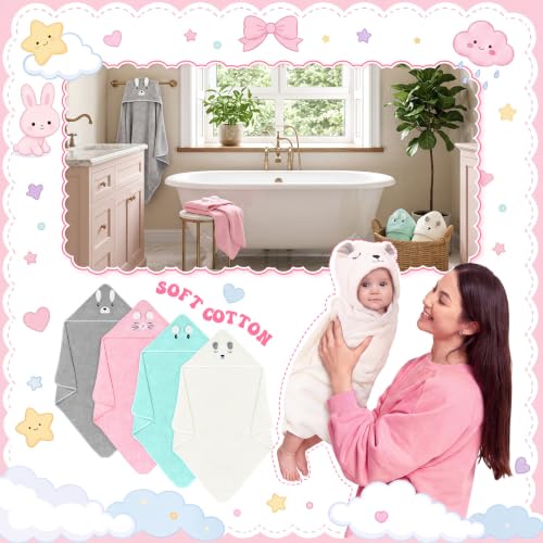 Image of Preboun 4 Pcs Baby Bath Towel 31.5 x 31.5 Inch Coral Fleece Baby Hooded Towel Absorbent Soft Babys Towels for Newborn Cartoon Animal Hooded Bath Blanket for Kids Newborn Shower (Gentle Color,Style B)