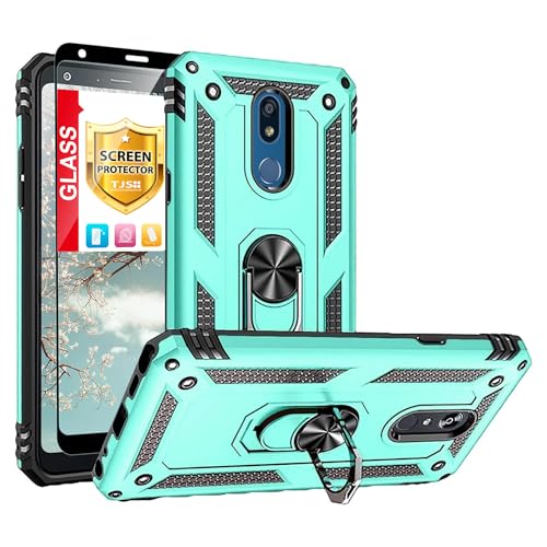 TJS Phone Case Compatible with LG K40/K12 Plus/X4/Solo LTE/Harmony 3/Xpression Plus 2, with [Full Coverage Tempered Glass Screen Protector] Impact Resistant Metal Ring Magnetic Support (Teal)