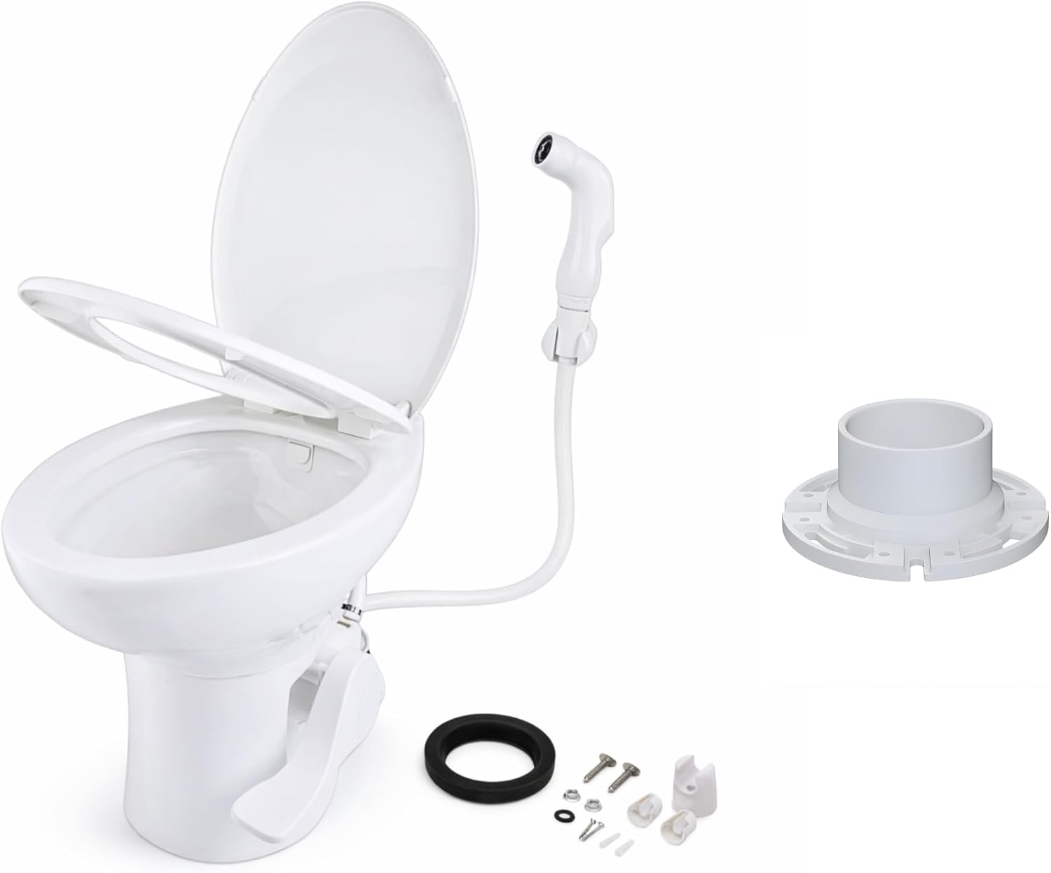 SEAFLO Residential Height Camper/RV Toilet with Elongated Ceramic Bowl & Sprayer + White Floor Flange Bundle