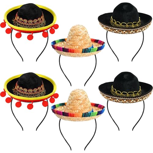 CWENDANER Juego De 6 Sombreros De Paja Del, MéXico PequeñOs Sombreros, Bola De Borla Y Diadema, Diadema De Paja, DecoracióN TemáTica Mexicana Y Recuerdos De