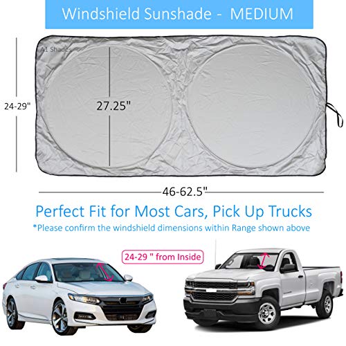 Windshield Sun Shade SUV Car Size Chart with Your Vehicle Universal Quality-210T Keep Vehicle Accessories Cool UV Sun and Heat Reflector Sunshade (Medium)