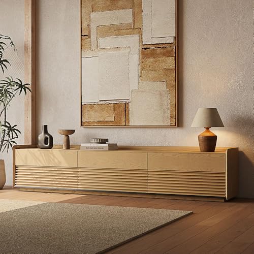 Image of POVISON 95 inch Fully Assembled Mid Century Modern TV Stand with LED Lights, Extra Long Media Console with 6 Drawers, Luxury Wood Slatted Entertainment Center for 85 90 100 Inch TV