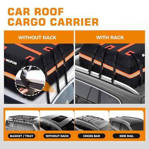 Kingfun Car Rooftop Cargo Carrier – Waterproof 15 Cubic Feet Car Roof Bag Fit All Vehicles with/Without Roof Racks, Includes Anti-Slip Mat, 8 Reinforced Straps & 6 Door Hooks, Luggage Locks
