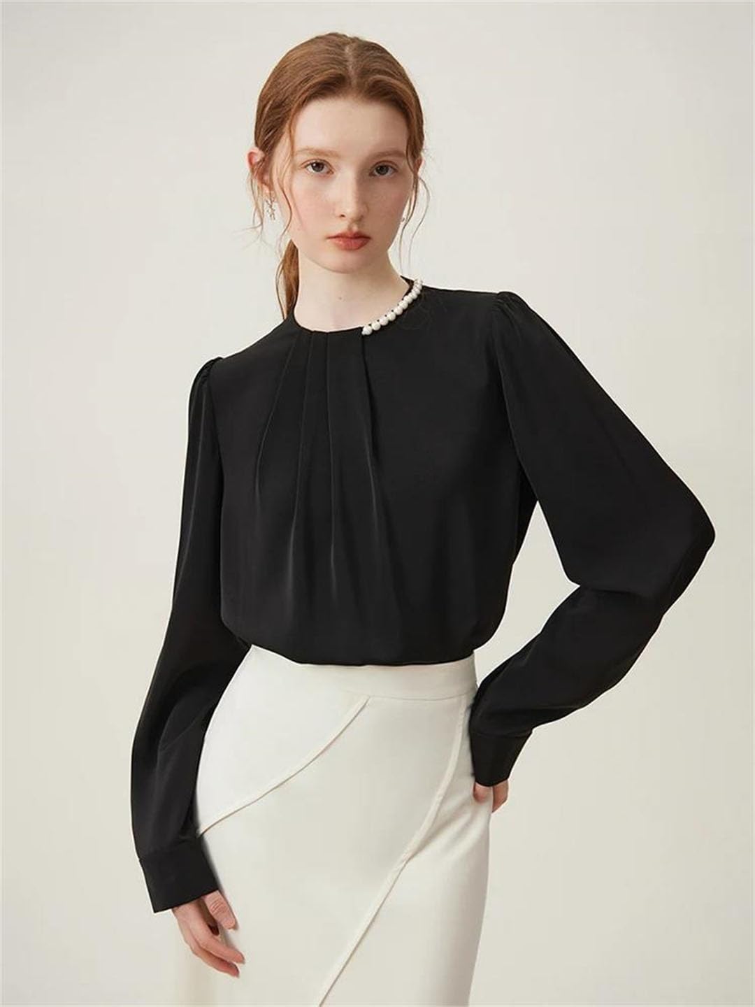 Camisa de perlas de estilo retro para mujer, cuello redondo, manga abombada, para oficina, color liso