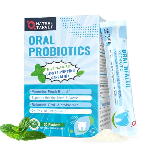 Image of NATURE TARGET Oral Probiotics for Bad Breath - Popping Probiotic Powder | 9 Billion CFU with Zinc & Natural Vitamin C for Healthy Teeth & Gums | 30 on-the-go Packets | Sugar-Free | Natural Mint Flavor