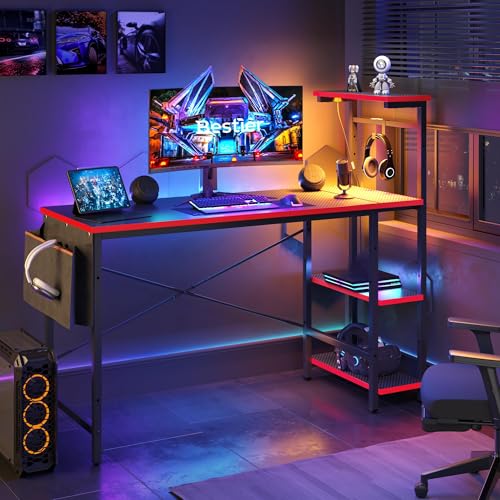 Image of Bestier Gaming Desk with LED Lights, 51.3 Inch Computer Desk with 4 Tiers Reversible Shelves, Gamer Desk with Side Storage Bag, Hooks and Height Adjustable Shelf (Black Carbon Fiber)