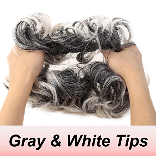 JJstar Messy Hair Bun Curly Wavy Hair Scrunchies Accessories Pieces for Women Girls Synthetic Chignons (Gray & White Tips) - Image 2