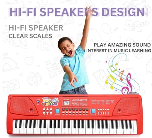 Image of Piano Keyboard with Mic | 61 Keys, 10 Rhythms, 16 Tones, 6 Demo Songs & 8 Percussions | Electronic Musical Toy for Boys & Girls Age 4+ | Educational & Recording Keyboard for Beginners Red