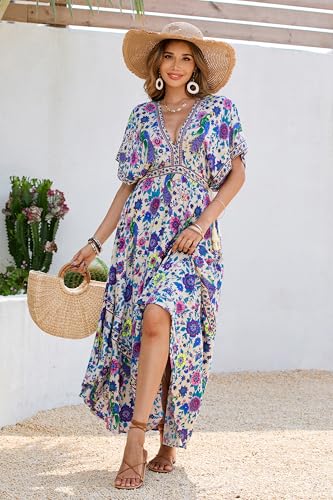 R.Vivimos Women Summer Print Deep V Neck Cotton Beach Long Dresses2