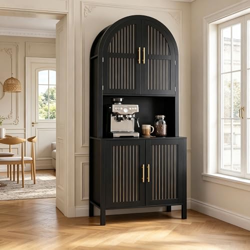 Image of 76 inch Tall Arched Kitchen Pantry,Large Storage Cupboard with Fluted Doors,Microwave Shelf,Modern Wooden Buffet Sideboard,Adjustable Shelves,Cabinet for Dining,Living Room,Black