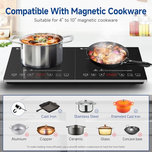 Double Induction Cooktop AMZCHEF Induction Cooker 2 Burners, Low Noise Electric Cooktops With 1800W Sensor Touch, 20 Temperature & Power Levels,Independent Control,3-hour Timer, Safety Lock - Image 6