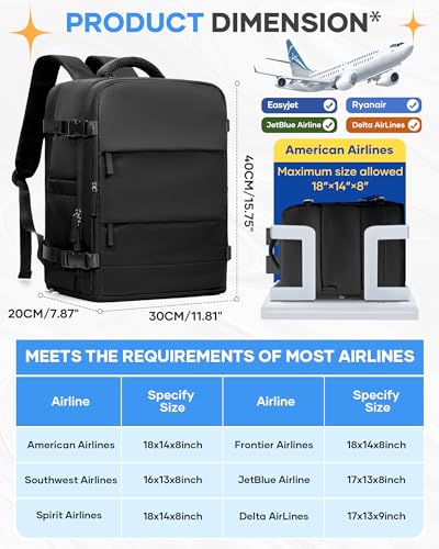 Image of coofay Black Travel Backpack Carry on Flight Approved Mochila De Viaje Personal Item Backpack for Airlines Frontier Airlines Personal Item Bag Large Backpack for Travel Backpacks for Men Women