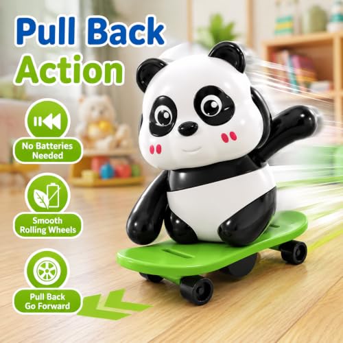 Image of Panda Toy Set for Kids 3 Pcs, Cute Moving & Rotating Action Figures with Skateboard, Hoop and Handle Designs | Interactive Plastic Play Toys for Boys & Girls Age 3 Years and Above