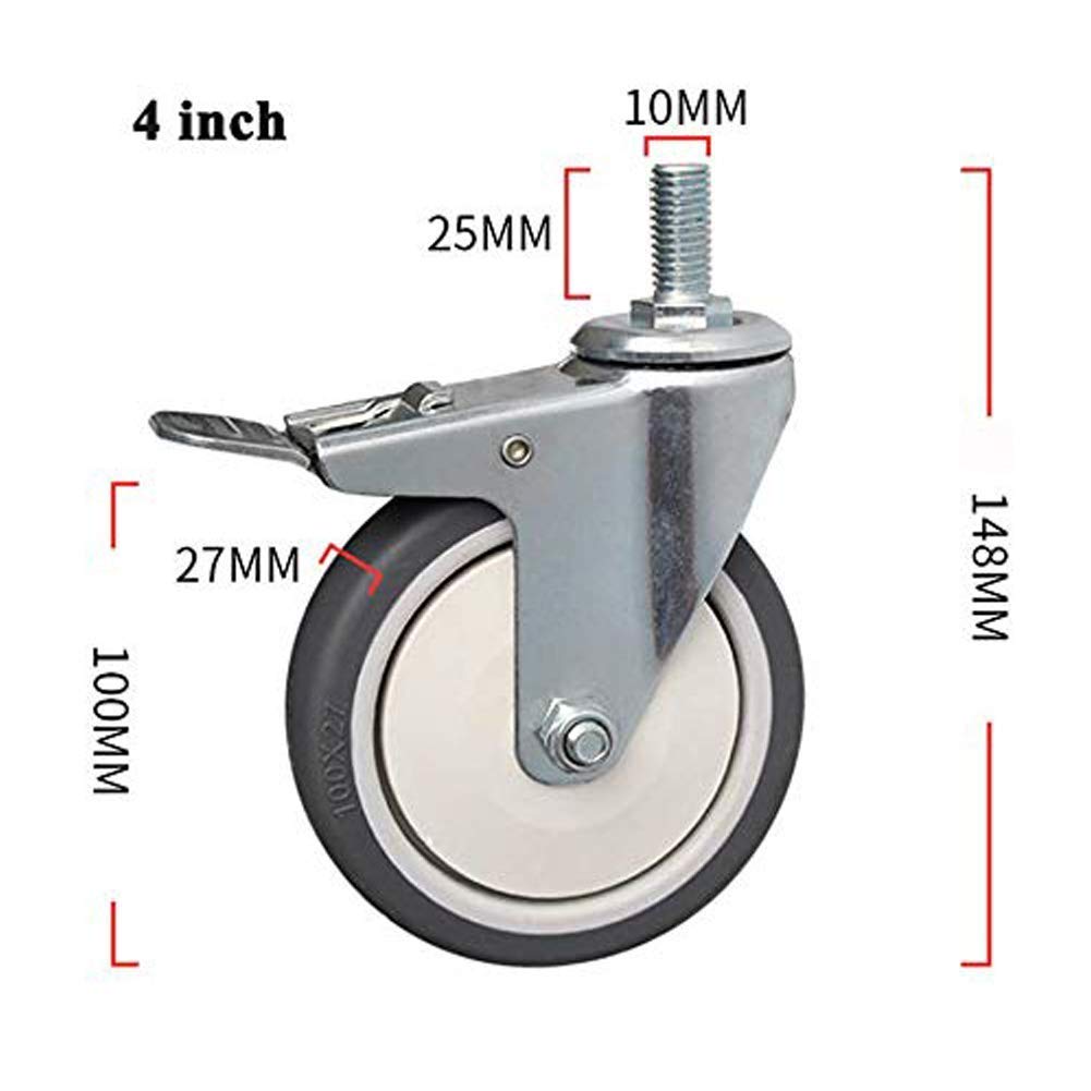 Ruote Dinicar girevoli universali silenziose con Filettatura M10 da 3 Pollici/4 Pollici con Freno Niture Carter del Carrello 80 kg per Ruota/4 Pollici