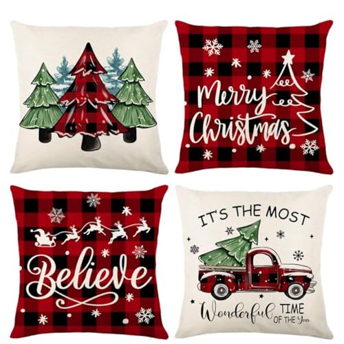 FengRise 4er Set Weihnachten Kissenbezüge, Rote und Weiße...