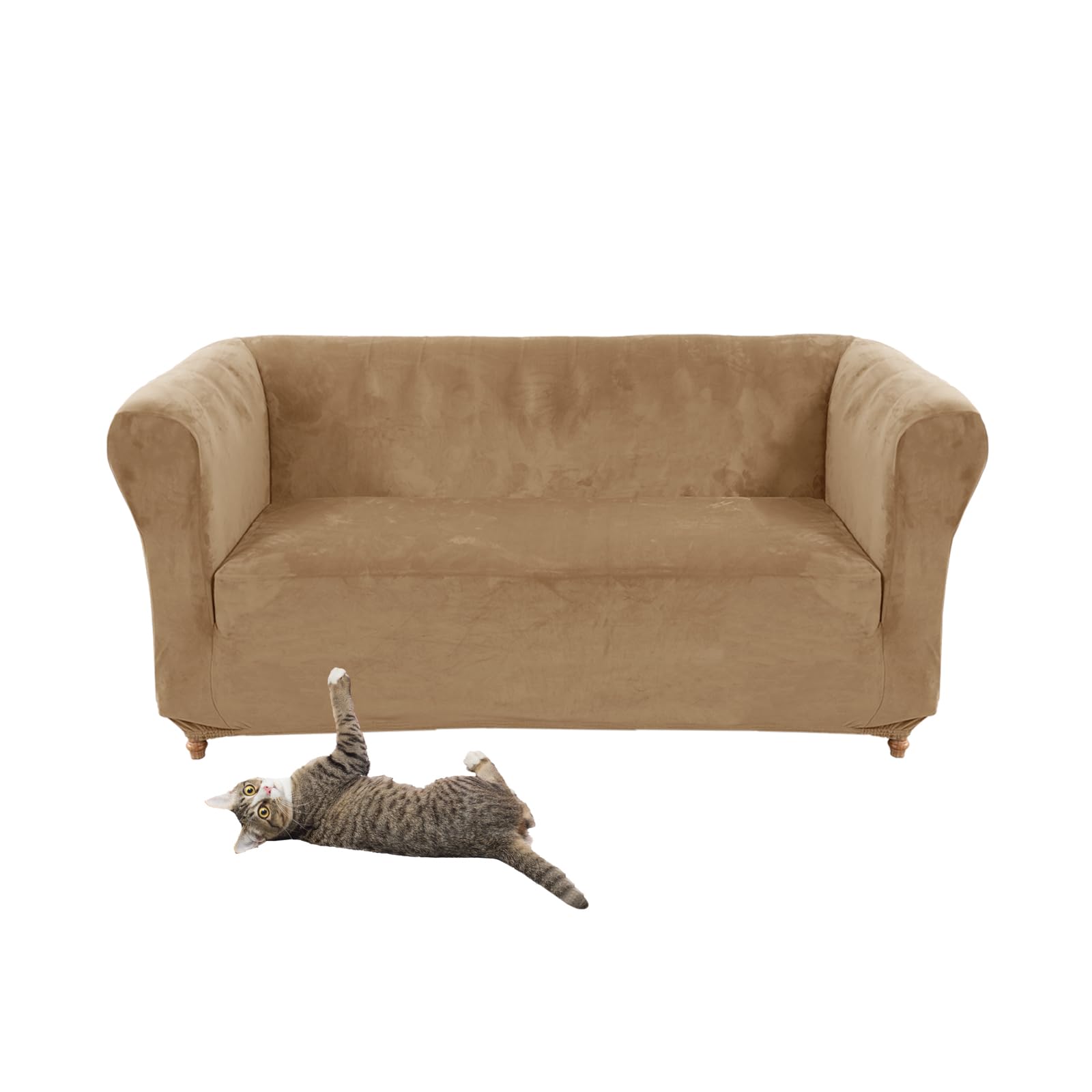SYLC Stretch Velvet Chesterfield Sofa Cover, Couch Cover with Seat Cushion Cover for Curved Settee Armchair Vintage Style (Sand,Sofa)