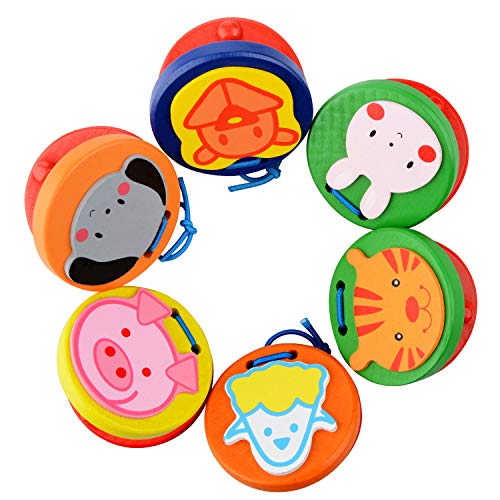 Warooma 6 Pack Houten Vinger Castanets Kleurrijke Cartoon Patroon Handgemaakte Vinger Muziekinstrument Ritme Speelgoed Vroeg Onderwijs Speelgoed voor Baby Kids Kinderen