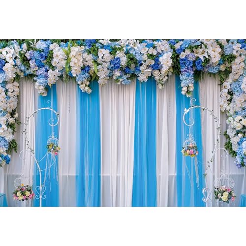 MIRRORANG 3x2,5m Wedding Backdrop White and Blue Flowers Curtain Floral Background for Photography Baby Shower Decoration Banner Bridal Shower Supplies Wedding Banner