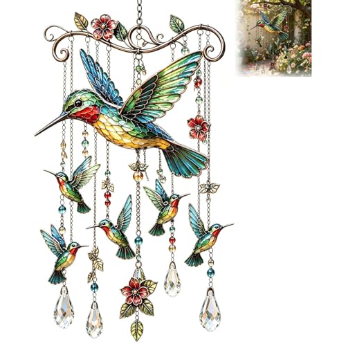 Graceful Hummingbird Wind Chime Wind Chimes for Outside Stained Glass & Crystal Sun Catcher Windchime Colorful Bird Yard Decorations Outdoor Memorial Gardening Gift for Women Grandma (#D)